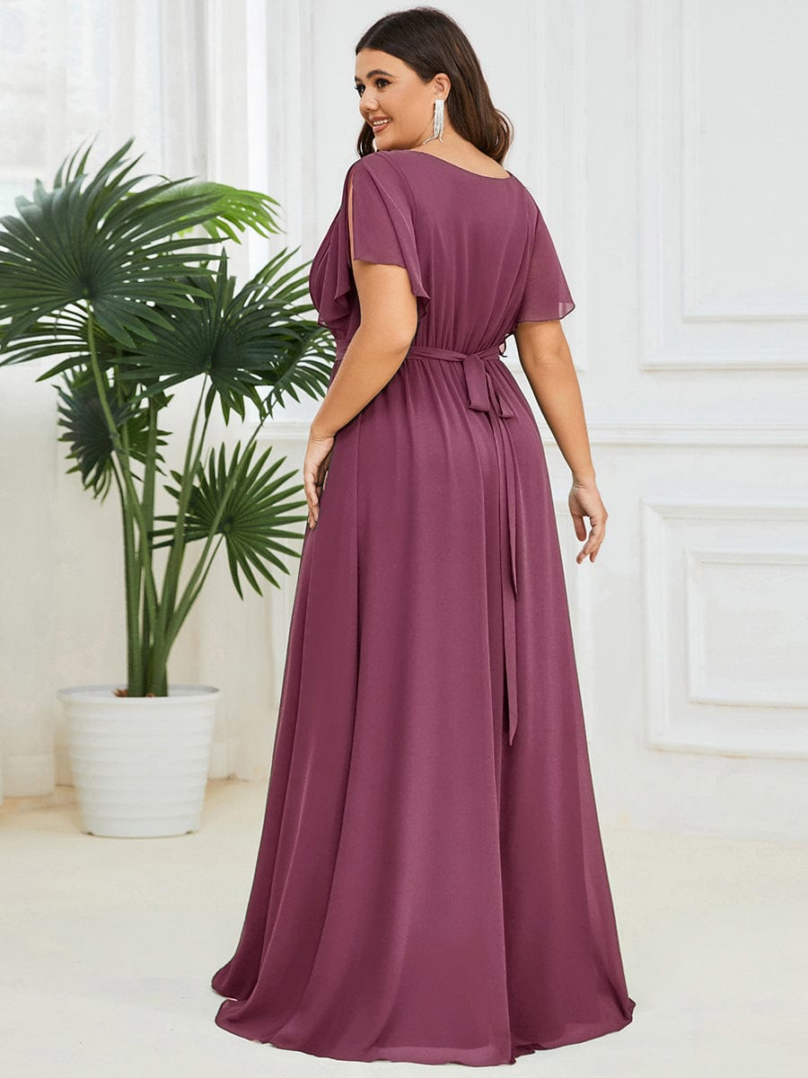 Plus Size Pleated Tie-Waist Chiffon Bridesmaid Dress #color_Damson