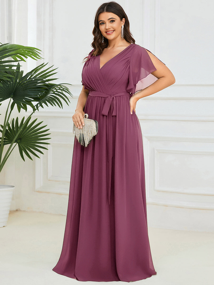 Plus Size Ruffle Pleated Chiffon Tie-Waist Evening Dress #color_Damson