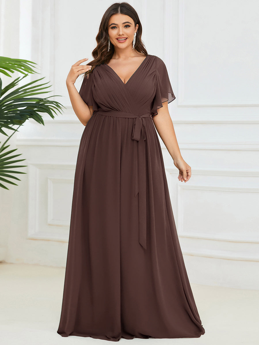 Plus Size Ruffle Pleated Chiffon Tie-Waist Evening Dress #color_Espresso
