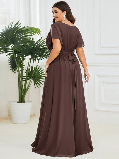 Plus Size Ruffle Pleated Chiffon Tie-Waist Evening Dress #color_Espresso