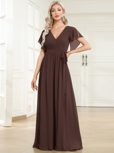 A-Line Pleated Chiffon Tie-Waist Bridesmaid Dress #color_Espresso