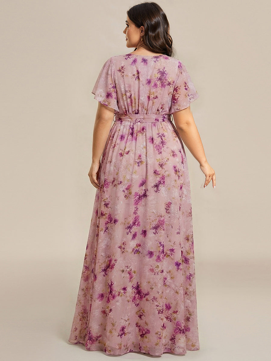 Plus Size Pleated Tie-Waist Chiffon Bridesmaid Dress #color_Light Purple Print