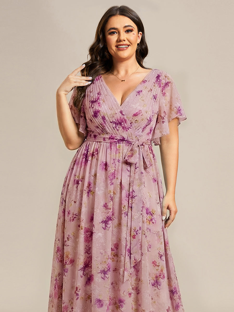 A-Line Pleated Chiffon Tie-Waist Bridesmaid Dress #color_Light Purple Print