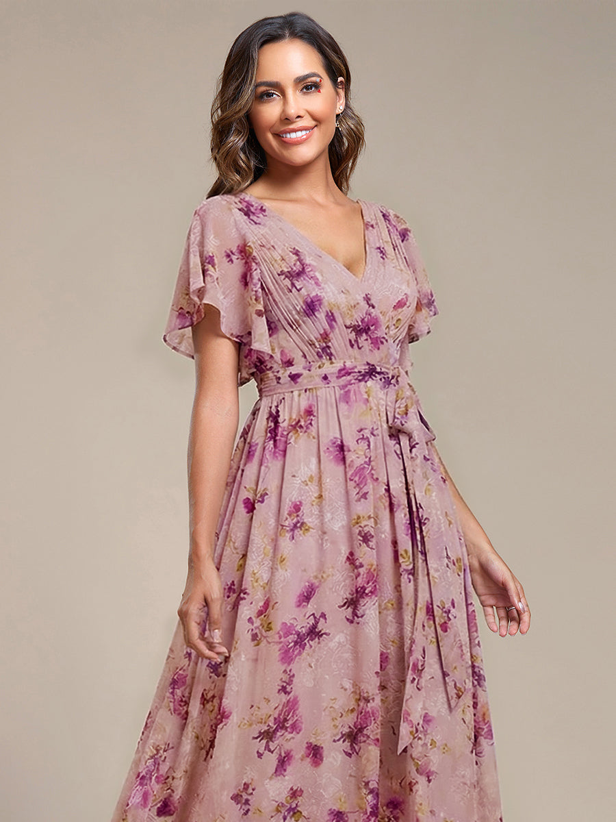 A-Line Pleated Chiffon Tie-Waist Bridesmaid Dress #color_Light Purple Print