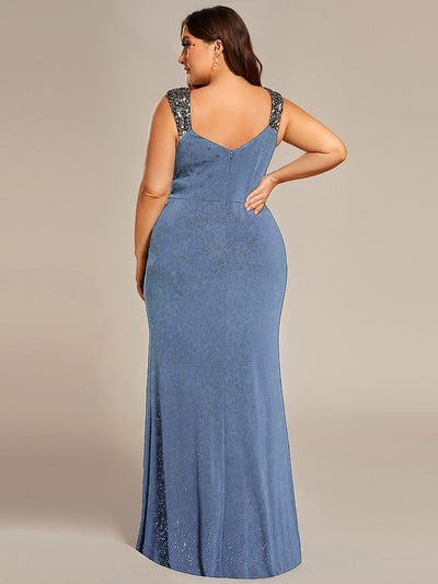 Plus Size Glitter V-Neck High Slit Sequin Shoulder Strap Evening Dress #color_Dusty Blue