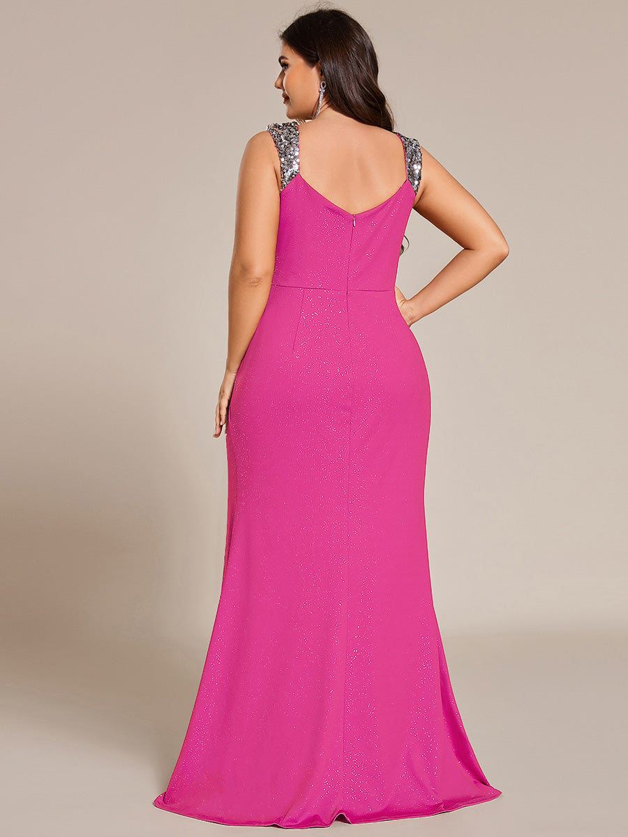 Plus Size Glitter V-Neck High Slit Sequin Shoulder Strap Evening Dress #color_Hot Pink