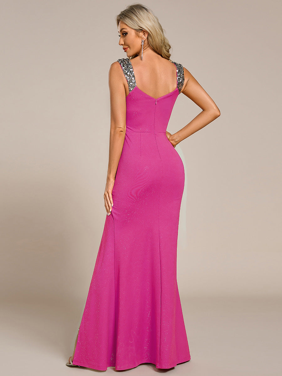 Glitter V-Neck High Slit Sequin Shoulder Strap Wedding Guest Dress #color_Hot Pink