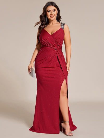 Plus Size Glitter V-Neck High Slit Sequin Shoulder Strap Evening Dress #color_Red