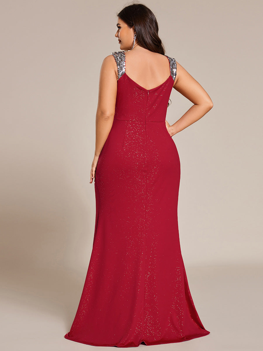 Plus Size Glitter V-Neck High Slit Sequin Shoulder Strap Evening Dress #color_Red