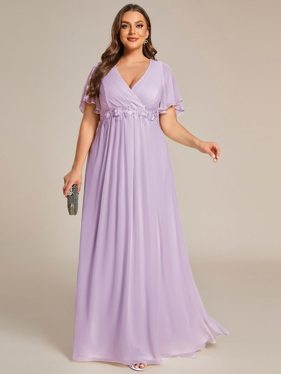 Ruffles Sleeve A-Line Chiffon Waist Applique Maxi Evening Dress #color_Frosted Lilac