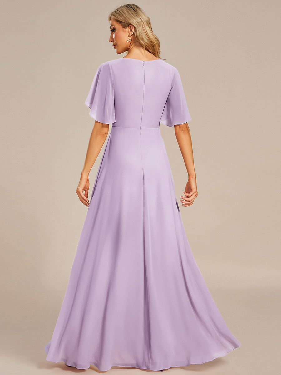 Ruffles Sleeve A-Line Chiffon Waist Applique Maxi Evening Dress #color_Frosted Lilac