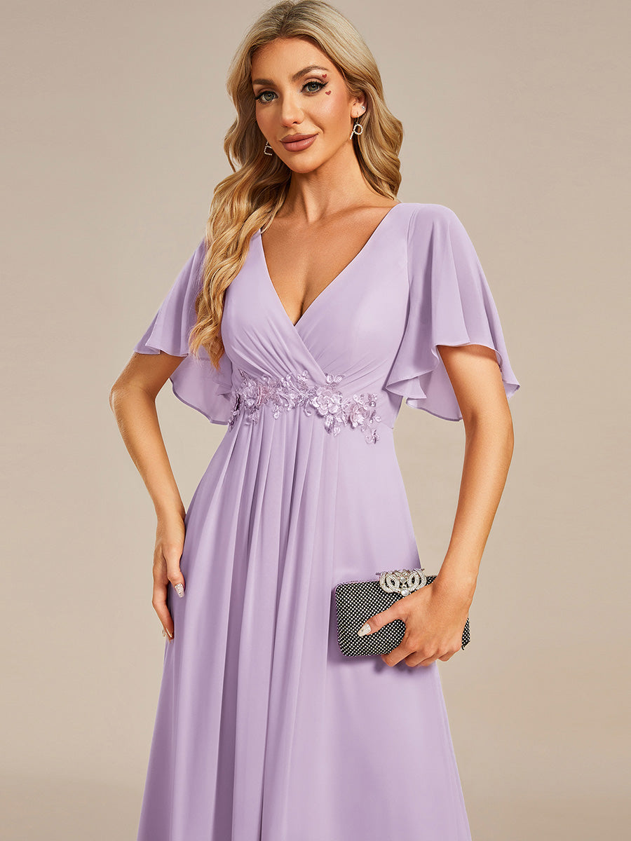 Ruffles Sleeve A-Line Chiffon Waist Applique Maxi Evening Dress #color_Frosted Lilac