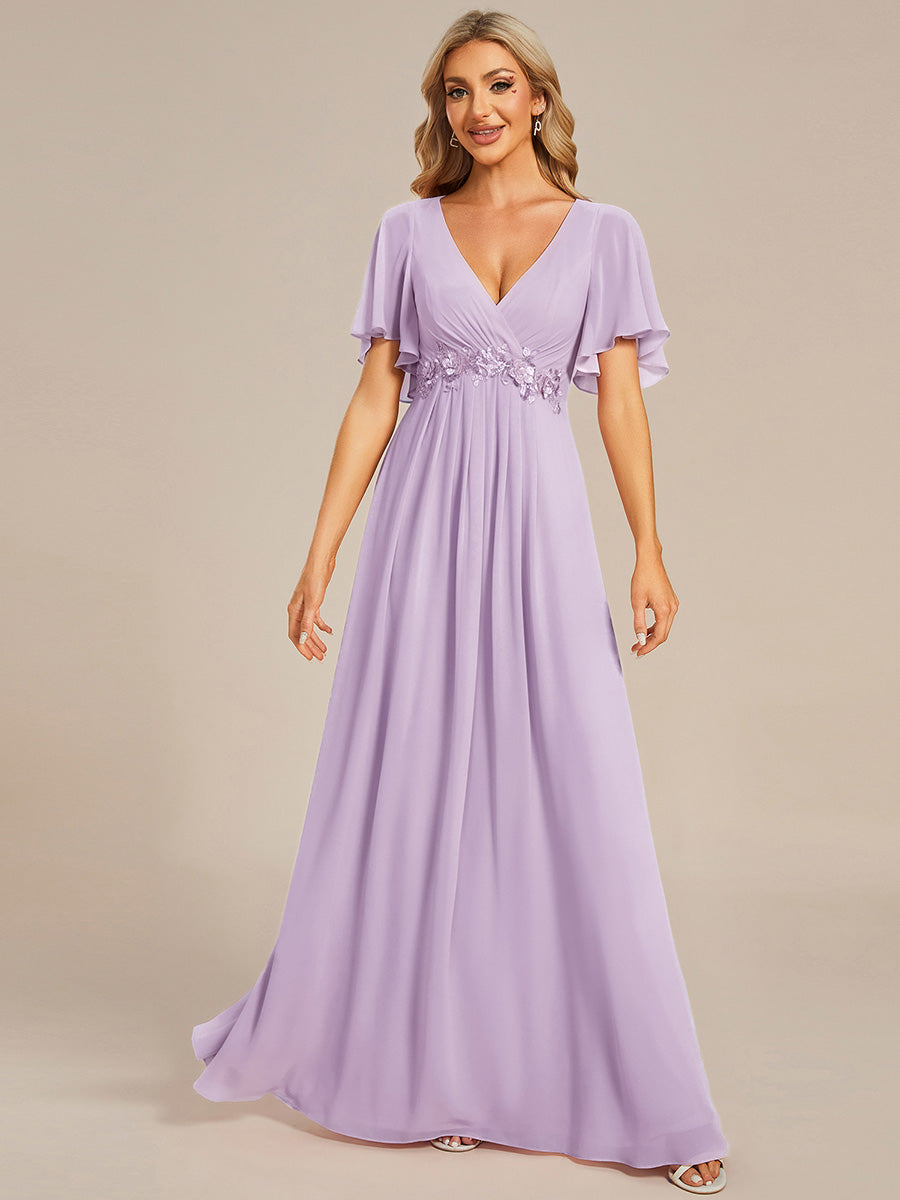 Ruffles Sleeve A-Line Chiffon Waist Applique Maxi Evening Dress #color_Frosted Lilac