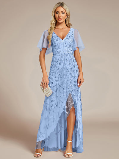 ever ALIX|Short Sleeves Sequin High Low V-Neck Midi Formal Wedding Guest Dress