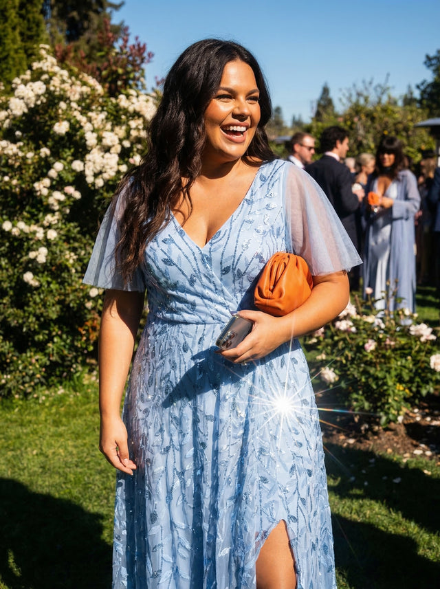 pretty ALIX|Plus Size Short Sleeves Sequin High Low V-Neck Midi Formal Evening Dress Fan Photos 6
