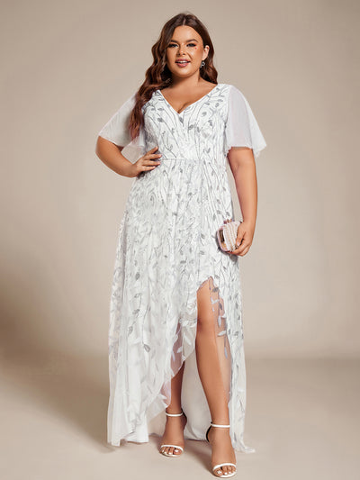 Plus Size Short Sleeves Sequin High Low V-Neck Midi Formal Evening Dress #color_White