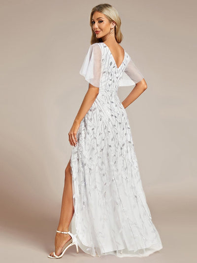 Short Sleeves Sequin High Low V-Neck Midi Formal Evening Dress #color_White