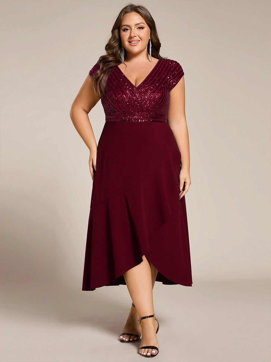 Short Sleeve V-Neck Midi Sequin Formal Dress with Chiffon #color_Burgundy