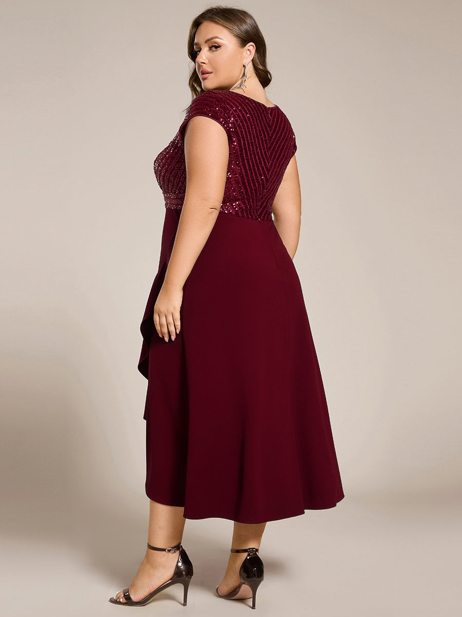 Plus Size Sequin Bodice V-Neck Midi Chiffon Formal Dress #color_Burgundy