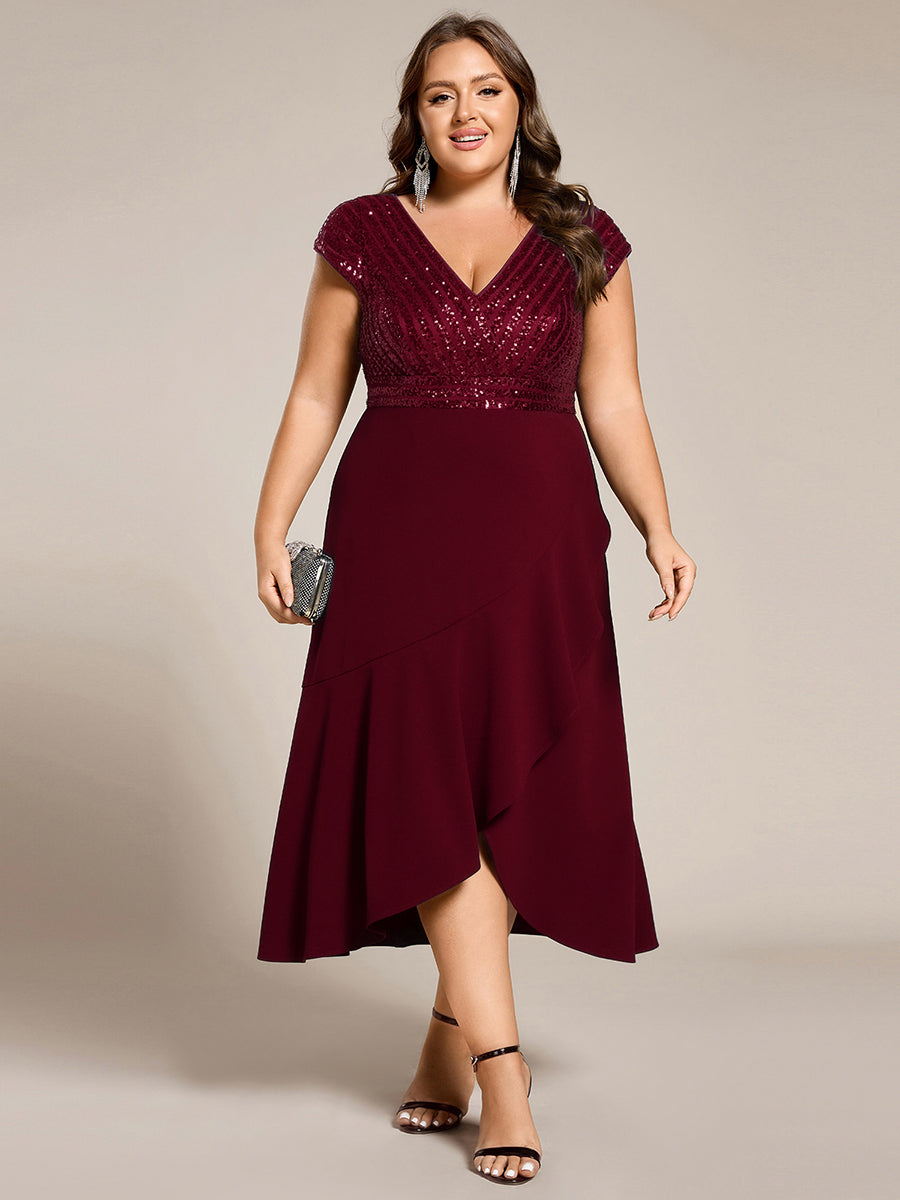 Plus Size Sequin Bodice V-Neck Midi Chiffon Formal Dress #color_Burgundy