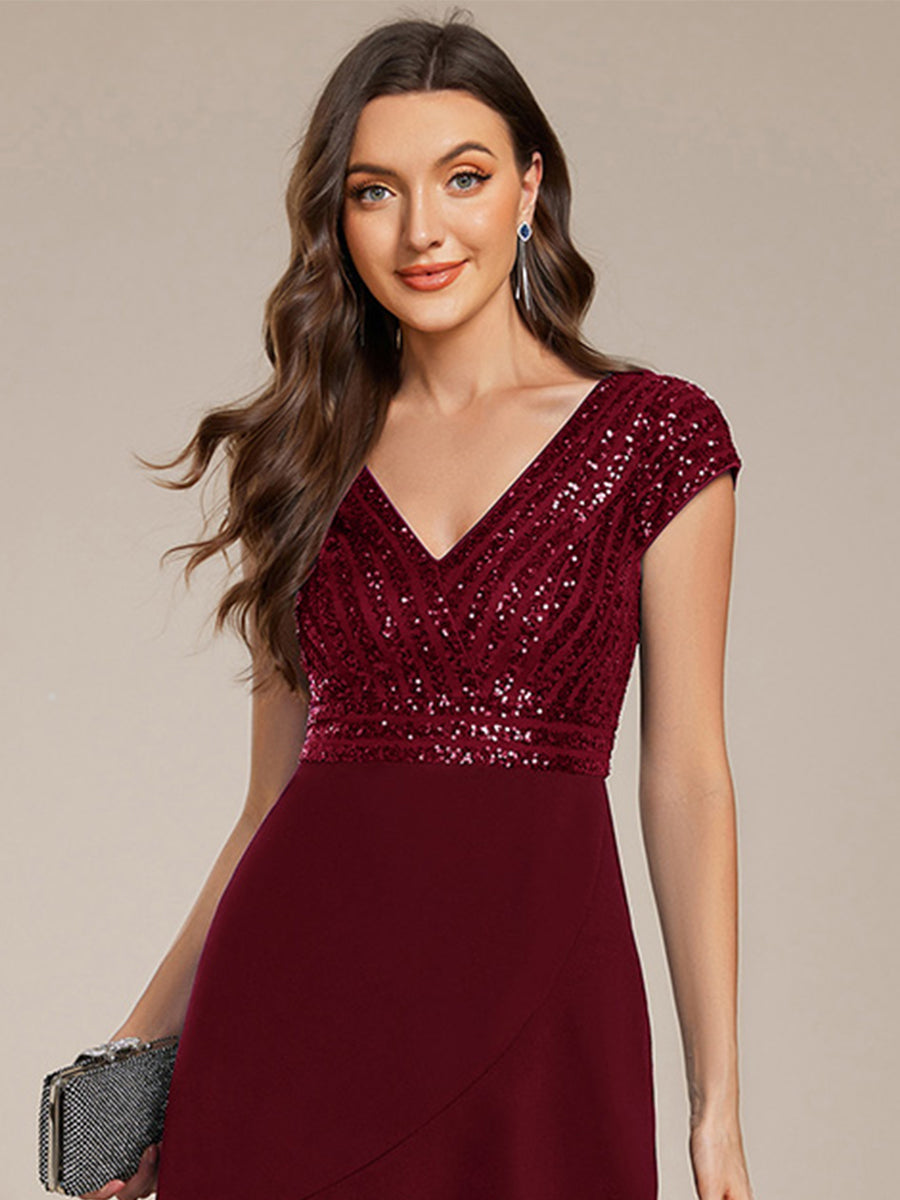 Short Sleeve V-Neck Midi Sequin Formal Dress with Chiffon #color_Burgundy