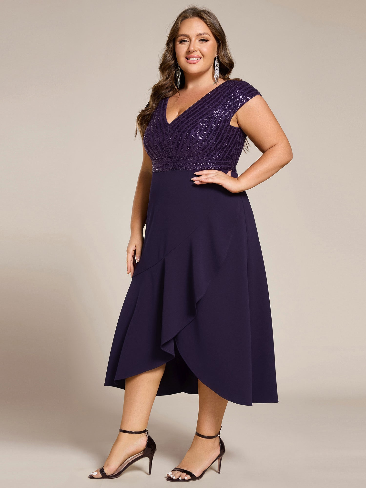 Short Sleeve V-Neck Midi Sequin Formal Dress with Chiffon #color_Dark Purple