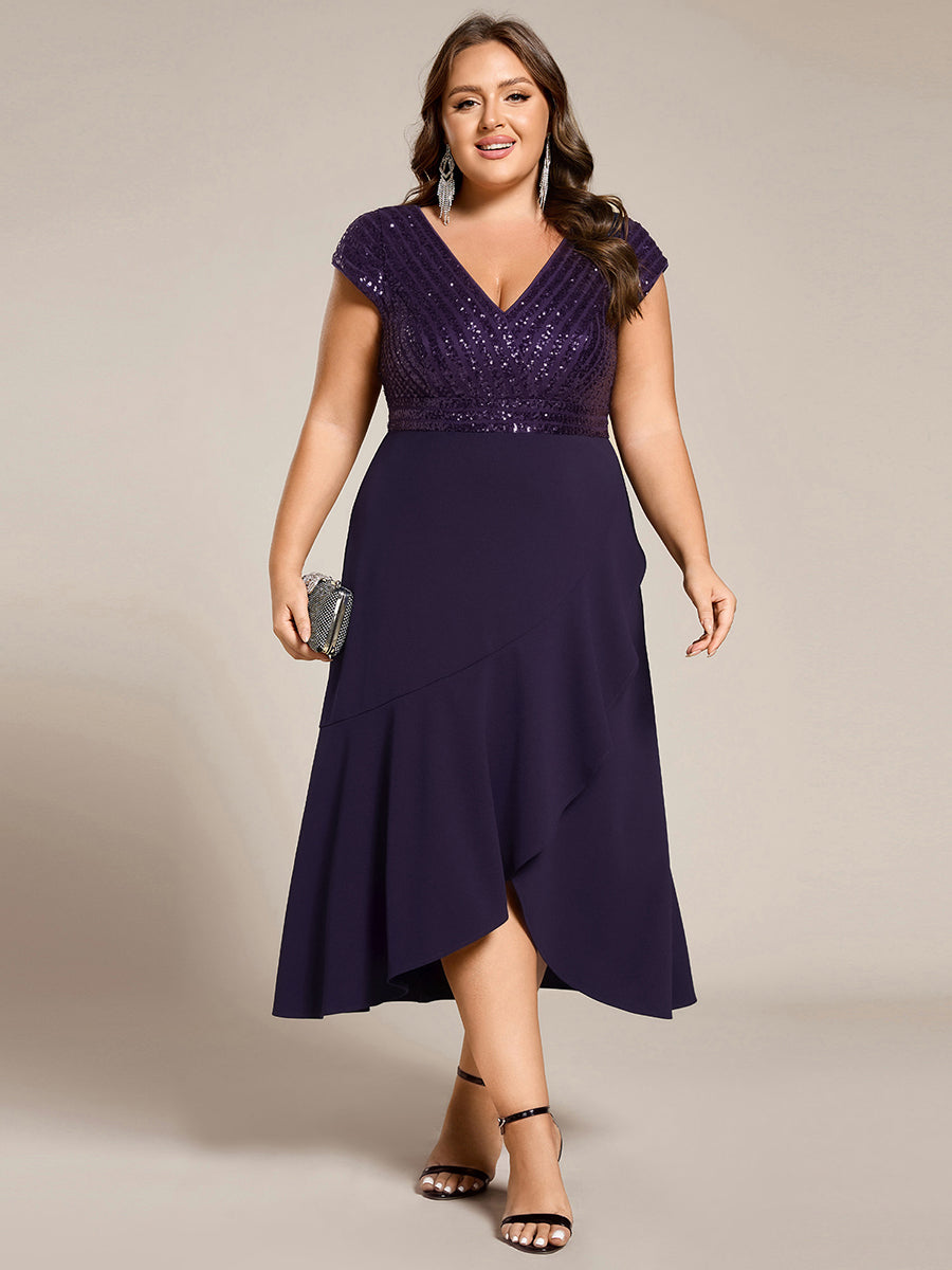 Plus Size Sequin Bodice V-Neck Midi Chiffon Formal Dress #color_Dark Purple