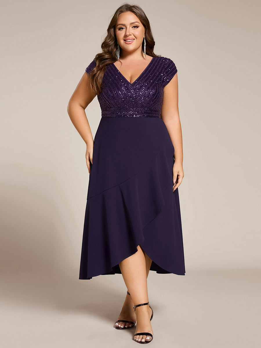 Short Sleeve V-Neck Midi Sequin Formal Dress with Chiffon #color_Dark Purple