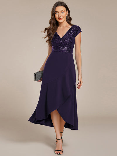 Short Sleeve V-Neck Midi Sequin Formal Dress with Chiffon #color_Dark Purple