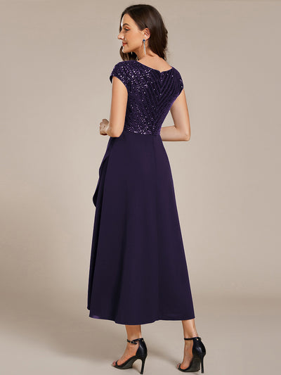 Short Sleeve V-Neck Midi Sequin Formal Dress with Chiffon #color_Dark Purple