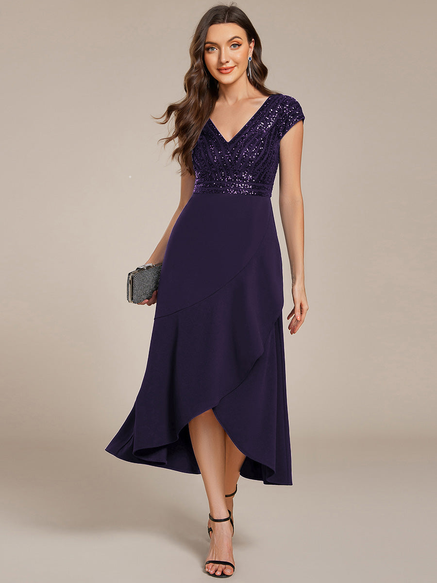 Short Sleeve V-Neck Midi Sequin Formal Dress with Chiffon #color_Dark Purple
