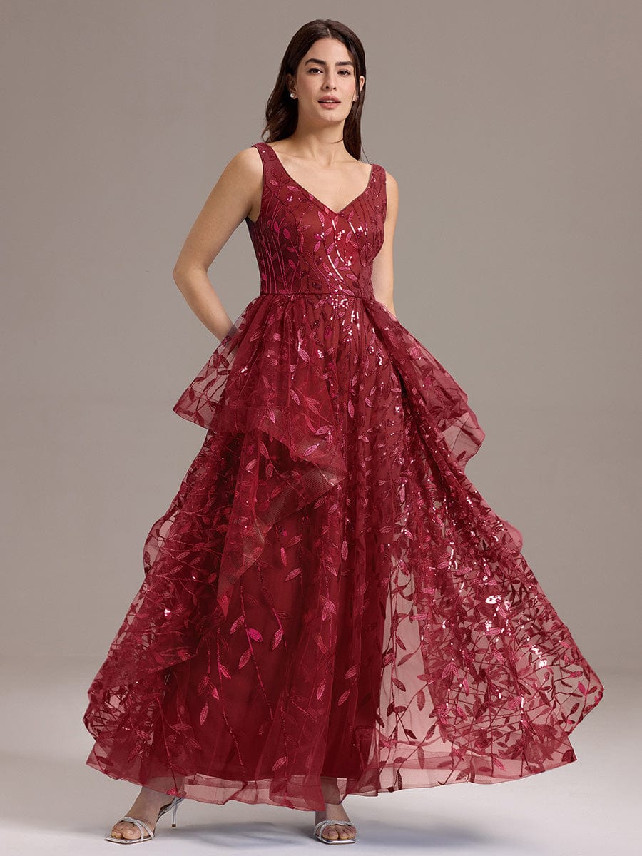 Double V-Neck A-Line Layered Sequin Formal Dress #color_Burgundy