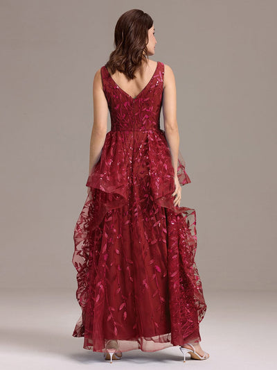 Double V-Neck A-Line Layered Sequin Formal Dress #color_Burgundy