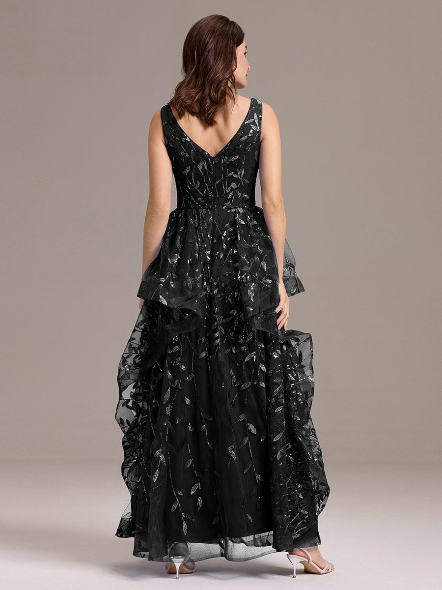 Double V-Neck A-Line Layered Sequin Formal Dress #color_Black