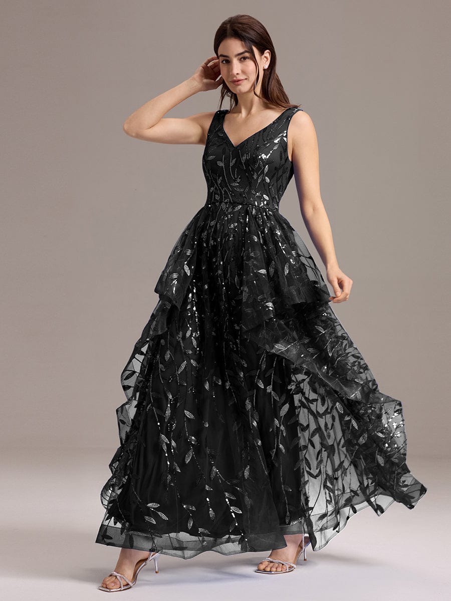 Double V-Neck A-Line Layered Sequin Formal Dress #color_Black