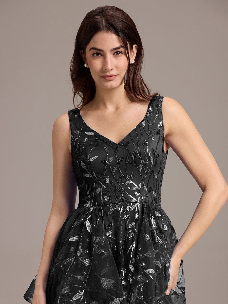Double V-Neck A-Line Layered Sequin Formal Dress #color_Black