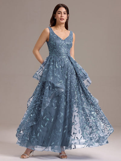 Double V-Neck A-Line Layered Sequin Formal Dress #color_Dusty Blue