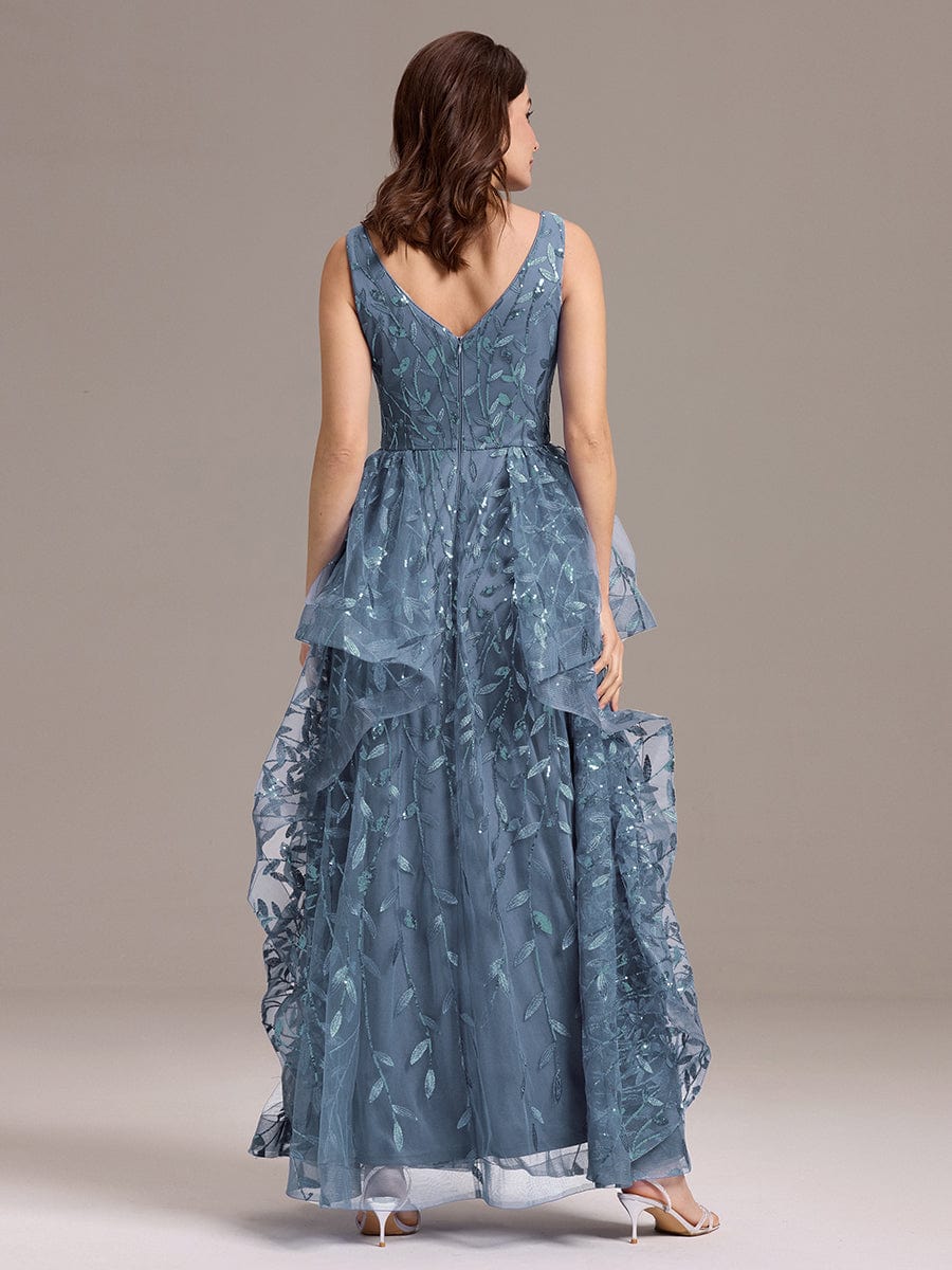 Double V-Neck A-Line Layered Sequin Formal Dress #color_Dusty Blue