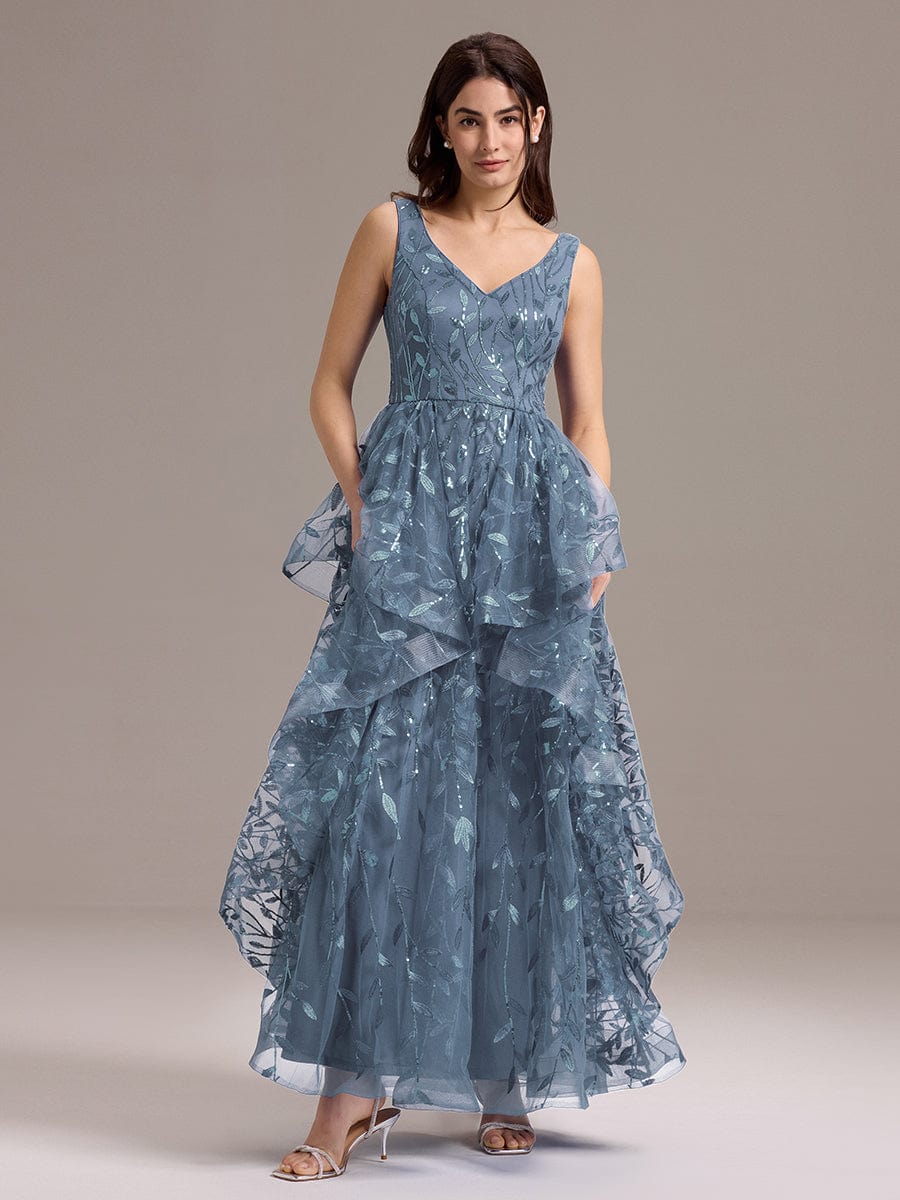 Double V-Neck A-Line Layered Sequin Formal Dress #color_Dusty Blue