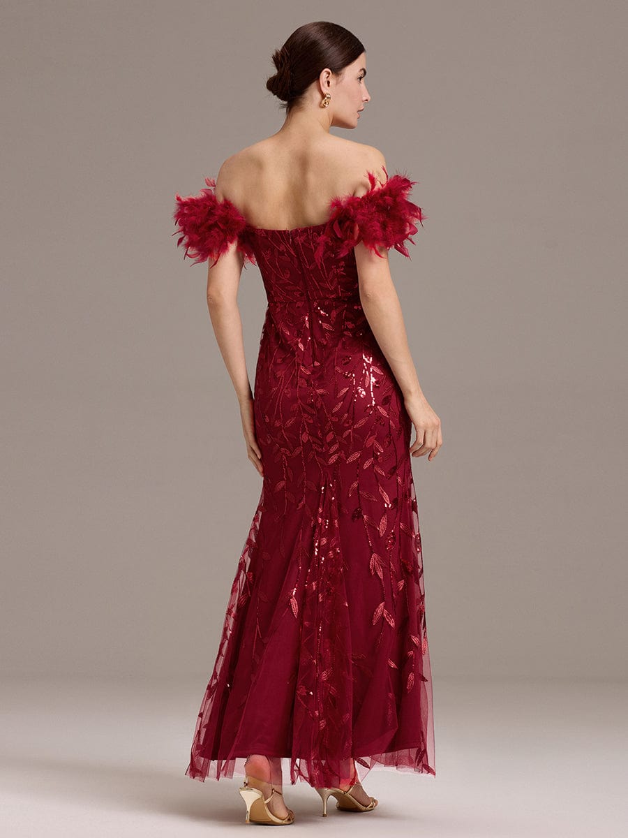Off-Shoulder Feather Sleeve A-Line High Split Backless Sequin Formal Dress #color_Burgundy