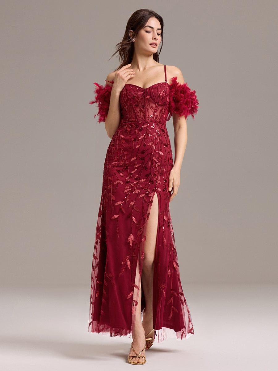 Off-Shoulder Feather Sleeve A-Line High Split Backless Sequin Formal Dress #color_Burgundy