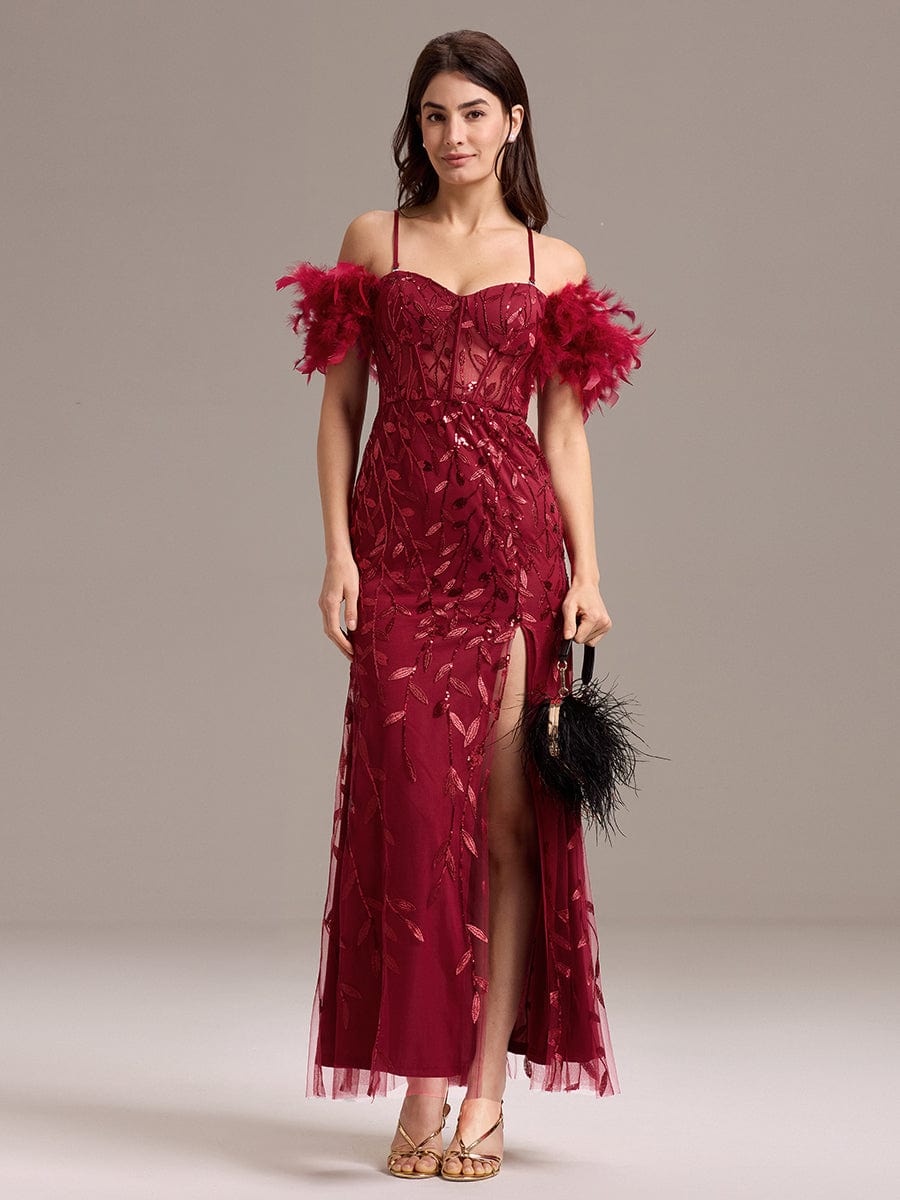 Off-Shoulder Feather Sleeve A-Line High Split Backless Sequin Formal Dress #color_Burgundy