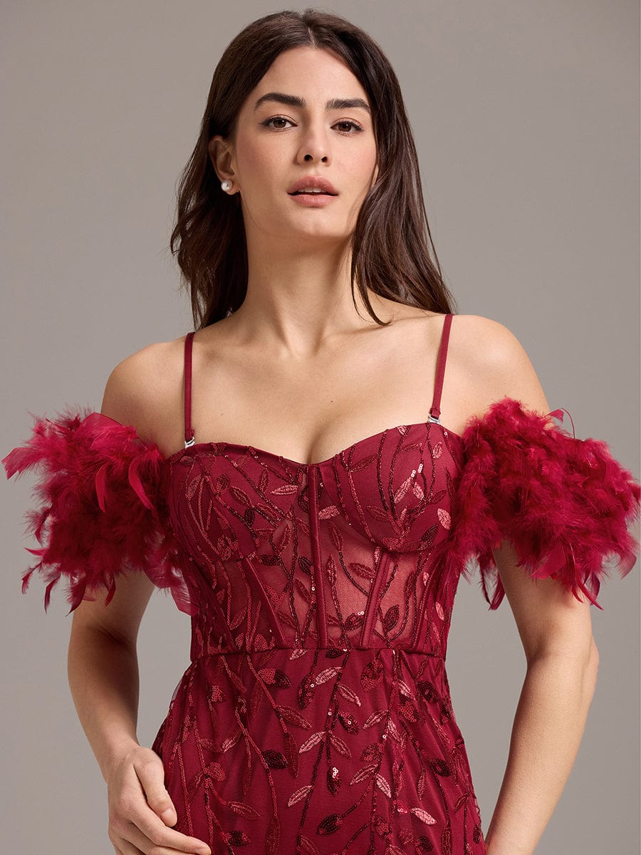 Off-Shoulder Feather Sleeve A-Line High Split Backless Sequin Formal Dress #color_Burgundy