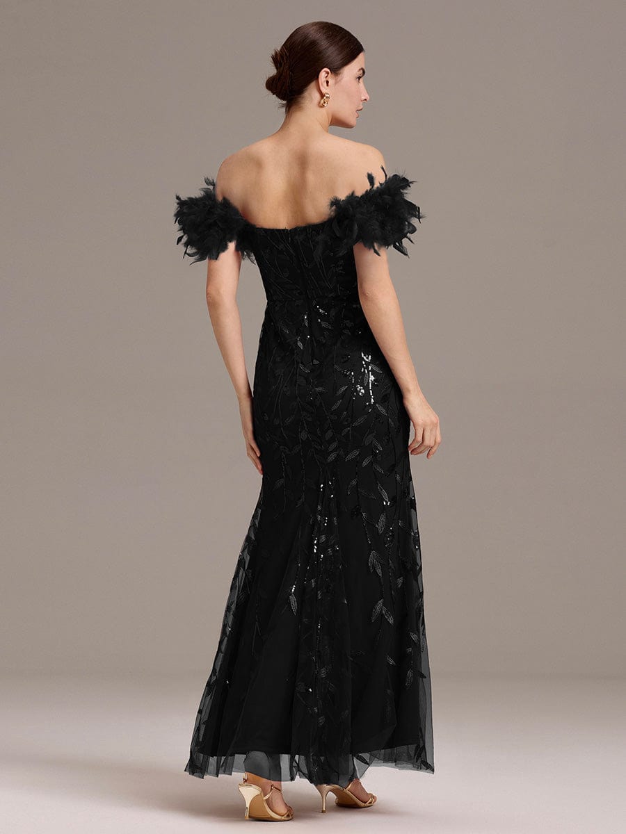 Off-Shoulder Feather Sleeve A-Line High Split Backless Sequin Formal Dress #color_Black