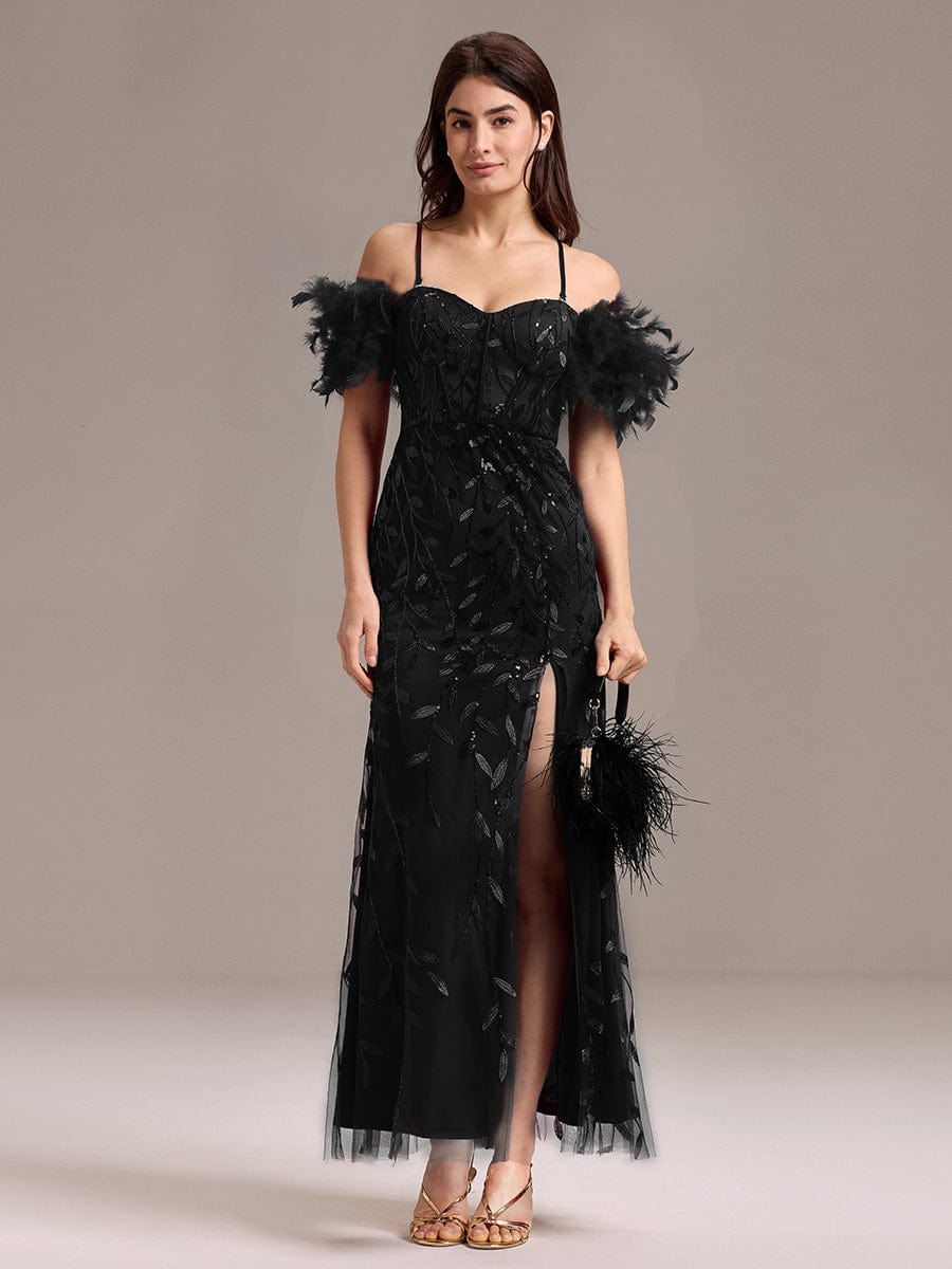 Off-Shoulder Feather Sleeve A-Line High Split Backless Sequin Formal Dress #color_Black