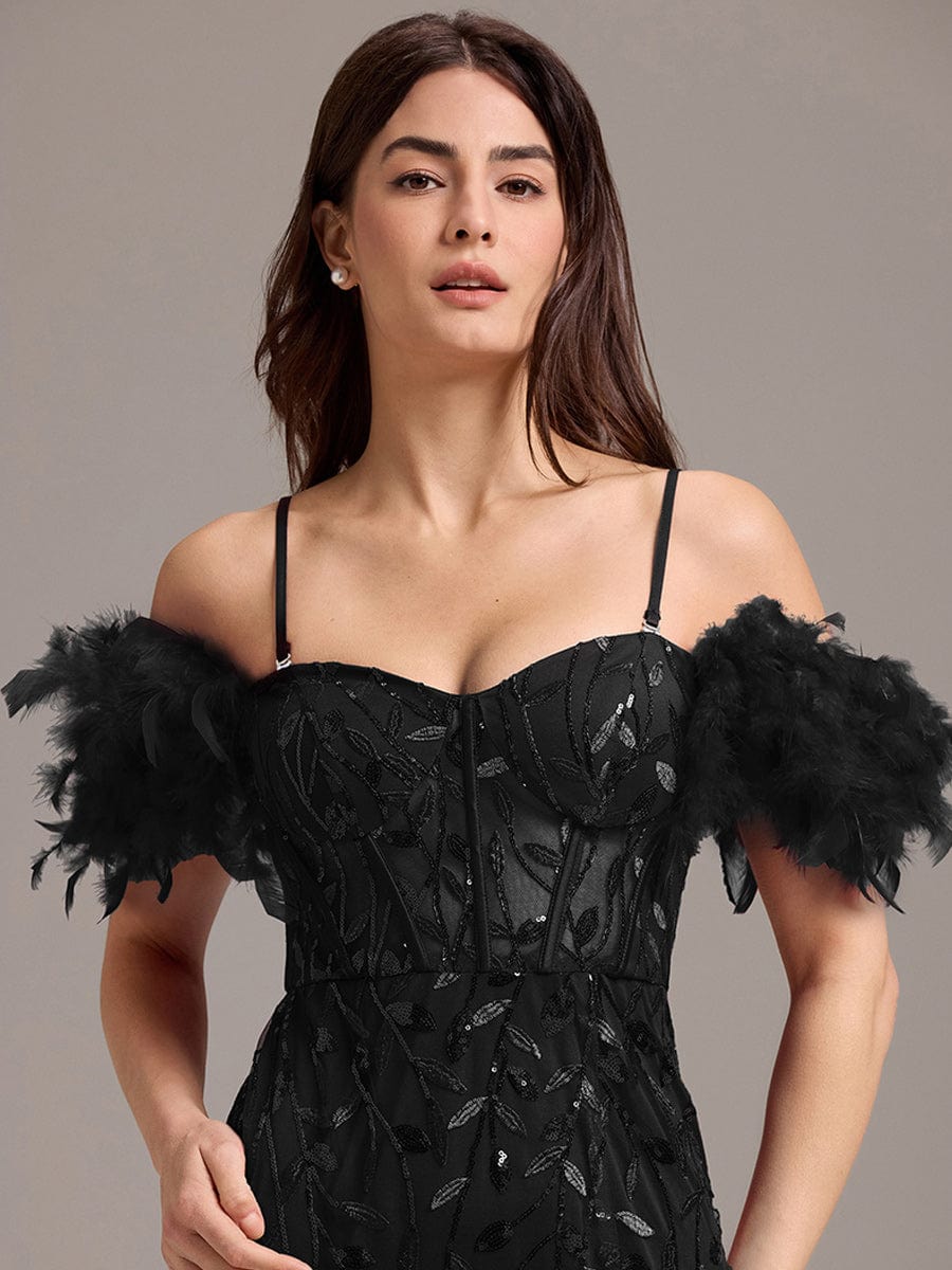 Off-Shoulder Feather Sleeve A-Line High Split Backless Sequin Formal Dress #color_Black
