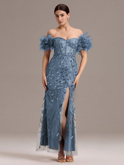 Off-Shoulder Feather Sleeve A-Line High Split Backless Sequin Formal Dress #color_Dusty Blue