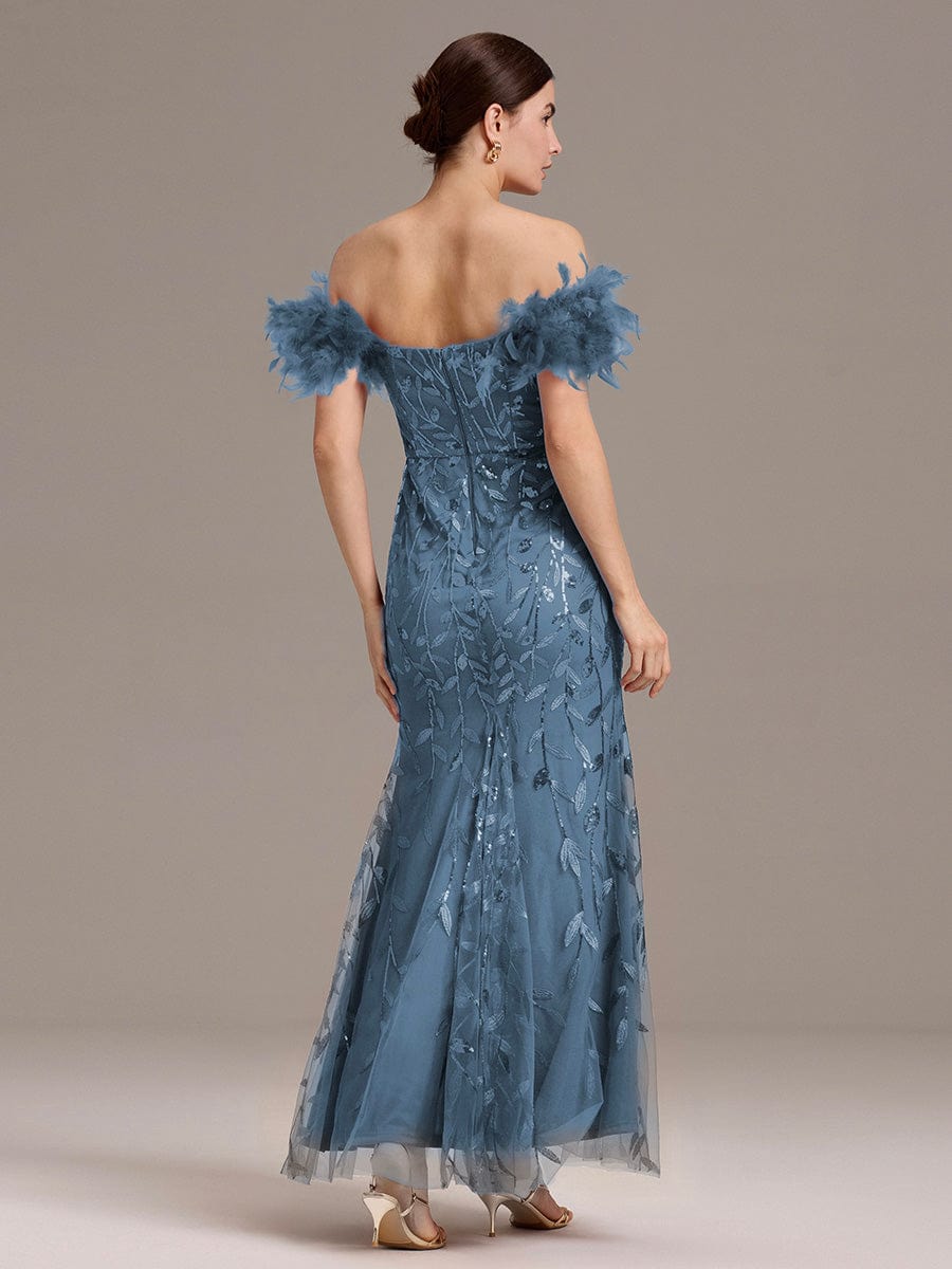 Off-Shoulder Feather Sleeve A-Line High Split Backless Sequin Formal Dress #color_Dusty Blue