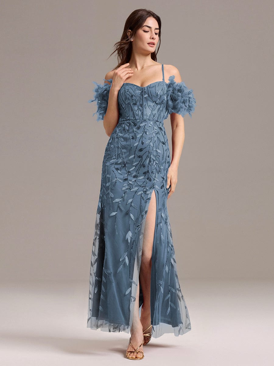 Off-Shoulder Feather Sleeve A-Line High Split Backless Sequin Formal Dress #color_Dusty Blue