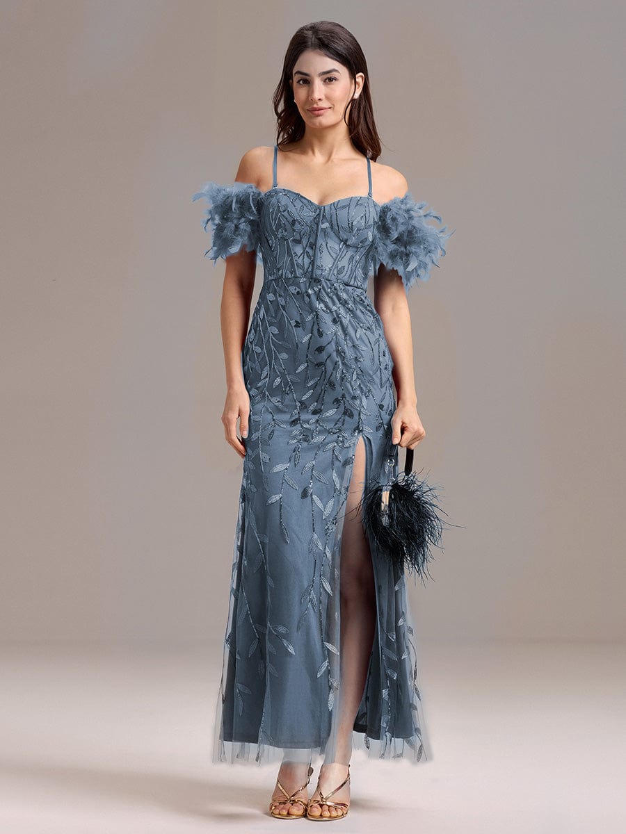 Off-Shoulder Feather Sleeve A-Line High Split Backless Sequin Formal Dress #color_Dusty Blue